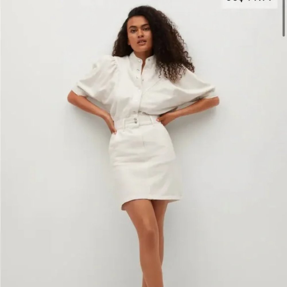 MNG Mango Button Down Puff Sleeves Fall Winter Chic Denim Mini Dress White
